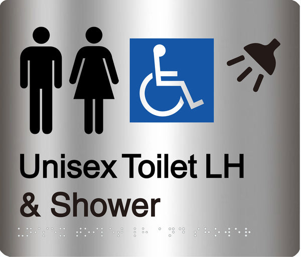Unisex Accessible Toilet (LH) & Shower Sign - Aluminium