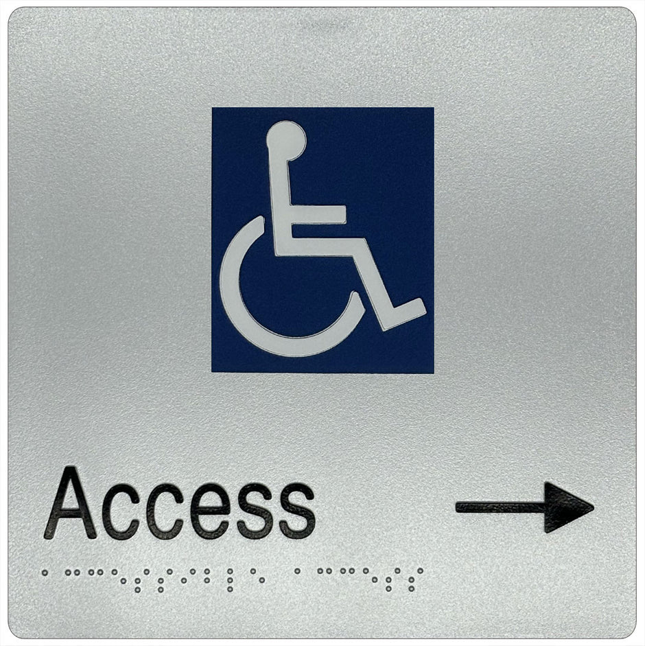 Access Through Sign Braille & Tactile Accessible Entry Sign with Directional Arrow (R ...
