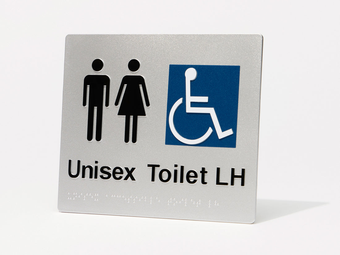 Unisex Accessible Toilet LH - Braille Tactile Sign - Silver Plastic