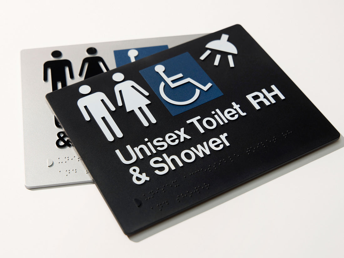 Unisex Accessible Toilet (RH) & Shower - Braille Tactile Sign - Black Plastic