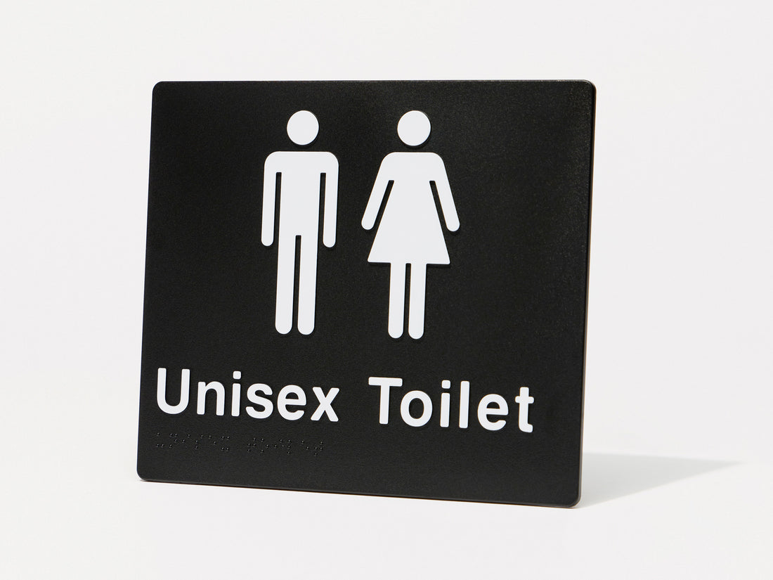 Unisex Toilet - Braille Tactile Sign - Black Plastic