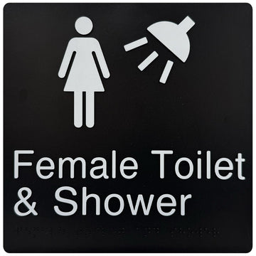 Female Toilet & Shower - Braille Tactile Sign - Black Plastic