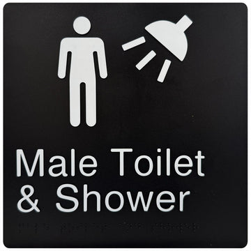 Male Toilet & Shower - Braille Tactile Sign - Black Plastic