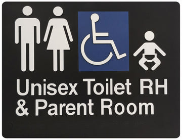 Unisex Accessible Toilet RH & Parent Room - Braille Tactile Sign - Black Plastic