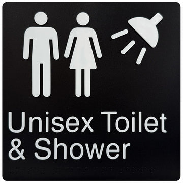 Unisex Toilet & Shower - Braille Tactile Sign - Black Plastic