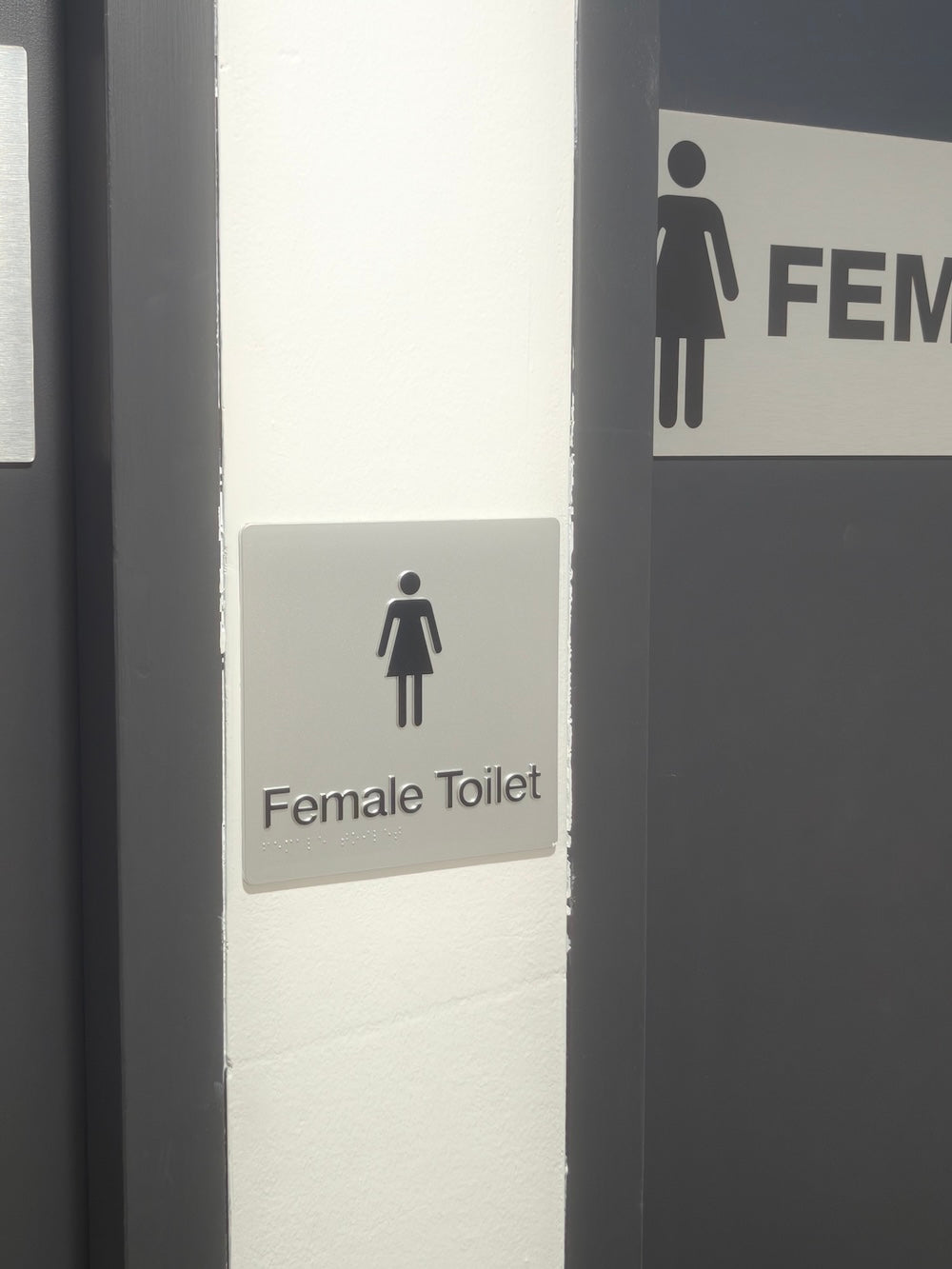 Female Toilet - Braille Tactile Sign - Silver Plastic