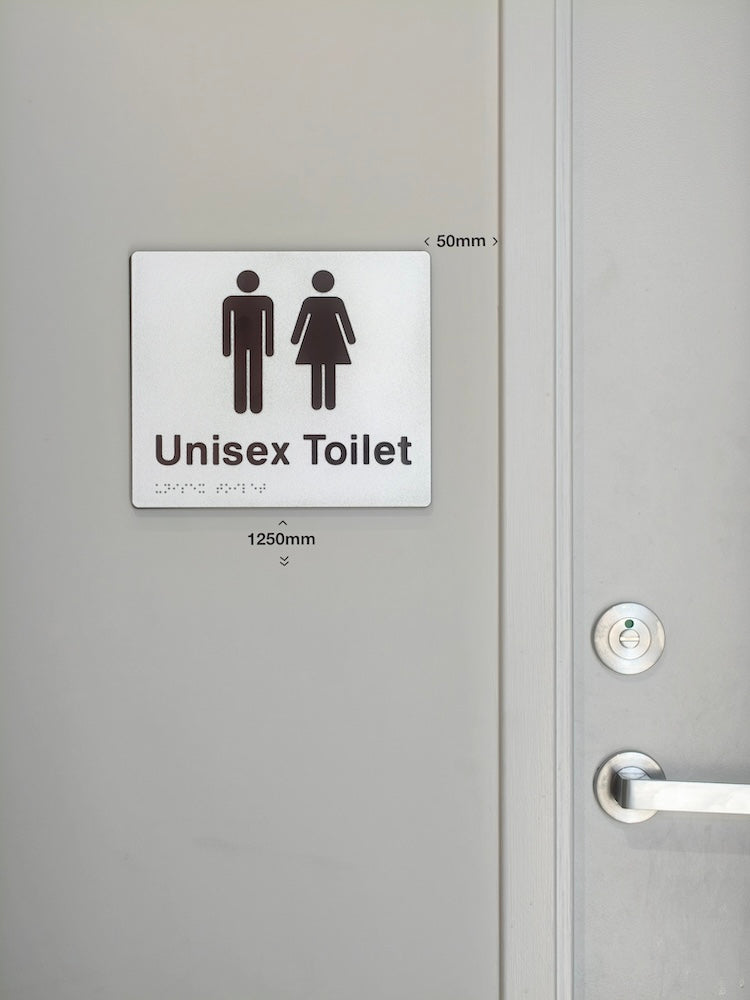Unisex Toilet - Braille Tactile Sign - Silver Plastic