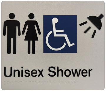 Unisex Accessible Shower - Braille Tactile Sign - Silver Plastic