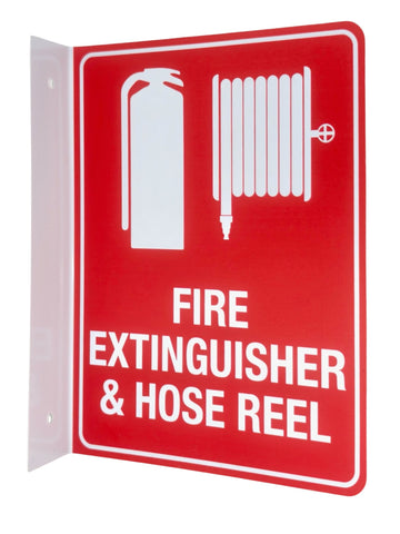 L-Shape Fire Extinguisher & Hose Reel Sign - Plastic, 90 Degrees 2-Way Visibility