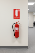 A red fire extinguisher mounted on a light beige wall in an office hallway, with a matching red and white 'FIRE EXTINGUISHER' sign above it.