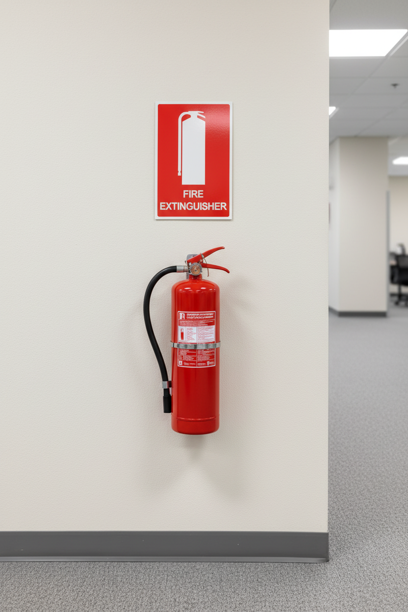 A red fire extinguisher mounted on a light beige wall in an office hallway, with a matching red and white 'FIRE EXTINGUISHER' sign above it.