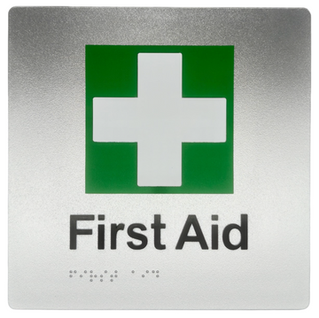 First Aid - Braille Tactile Sign - Green Symbol, Silver Plastic